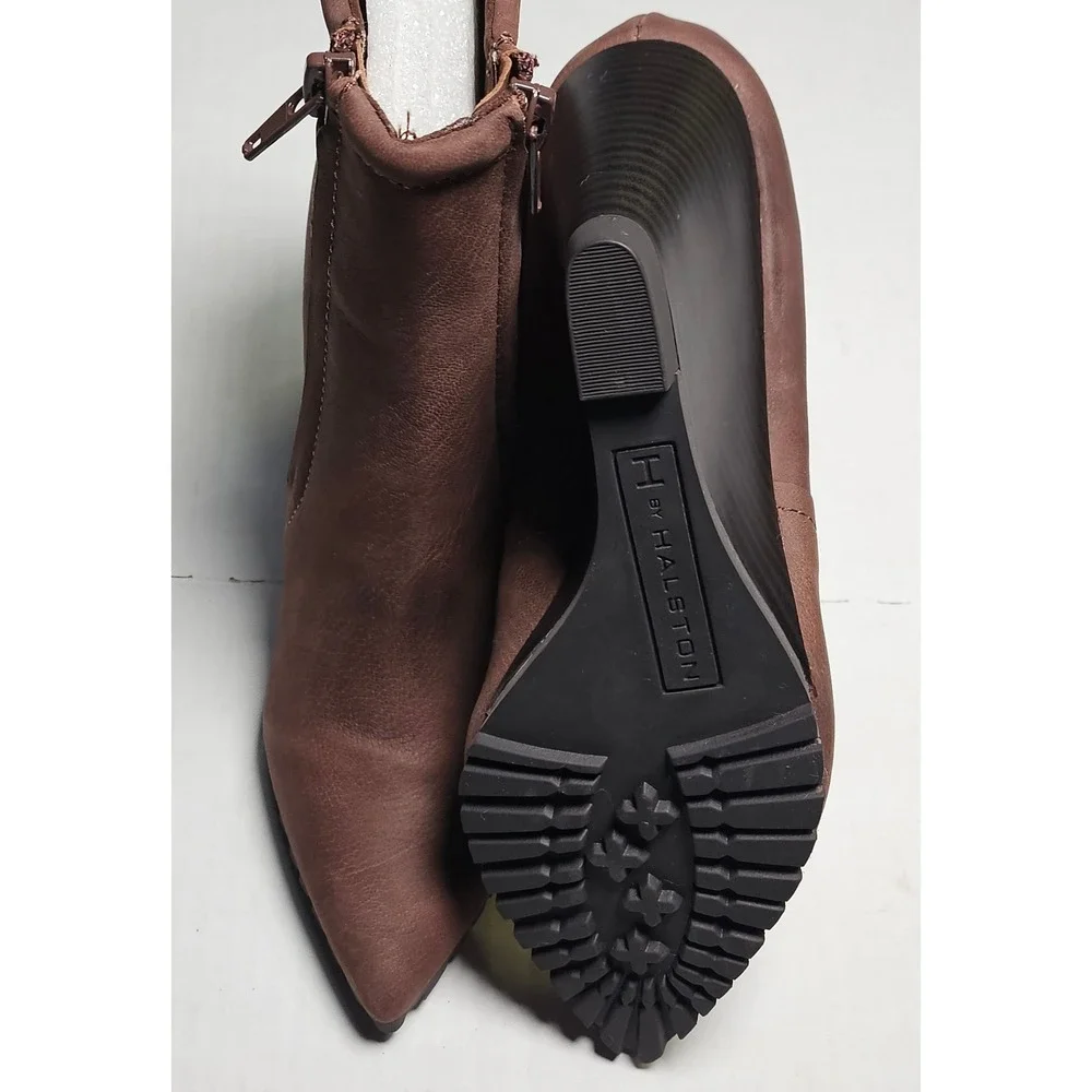 H by‎ Halston Brown Leather Wedge Ankle Boots Pointed Toe Side Zip A271616 Sz 6M